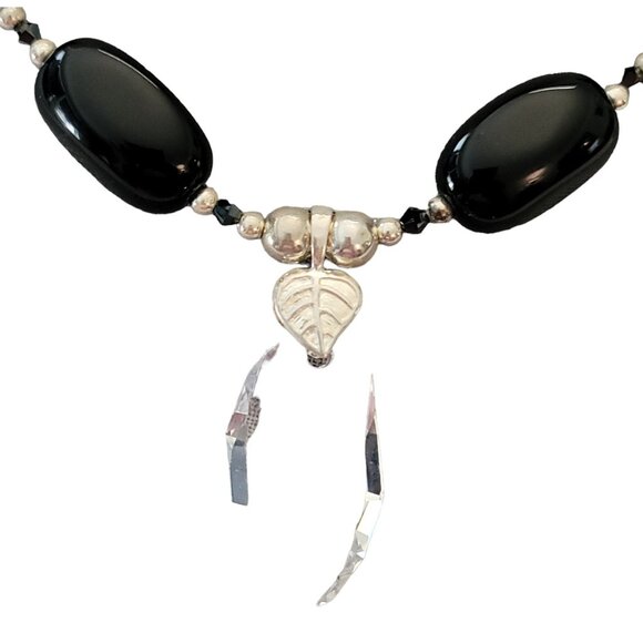 Sterling Silver Black Onyx Clear Geometrical Crystal Pendant Necklace E872 - Picture 4 of 16